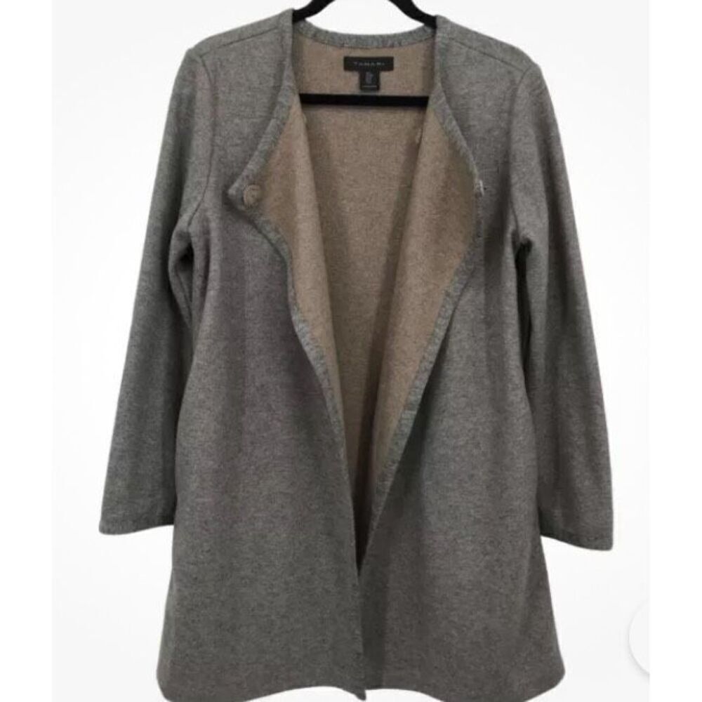 Tahari Women's Wool Blend Heather Long Line Long‎ Sleeve Wrap Sweater Coat Large
